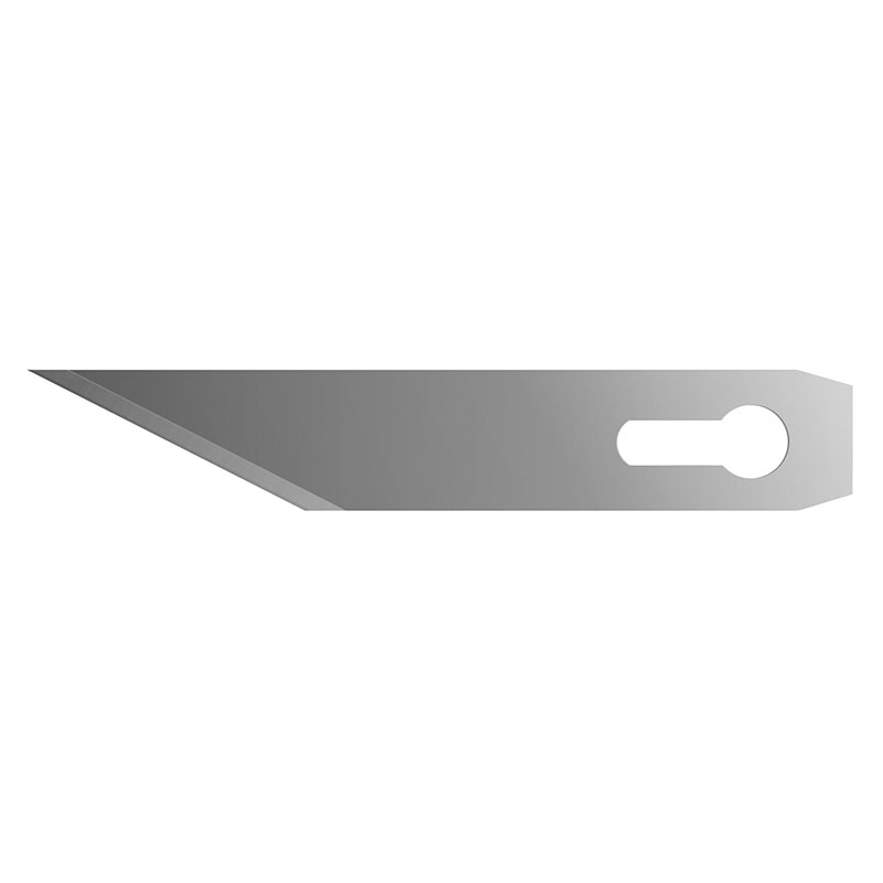Grey utility knife blade with a sharp pointed tip and a circular hole near the end for attachment