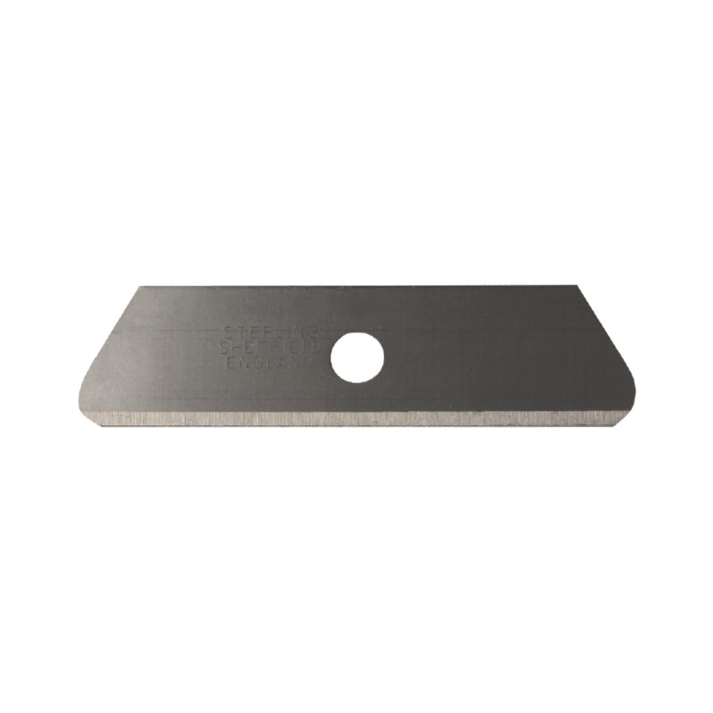 Single-edged metal razor blade with a central circular hole for mounting or alignment.