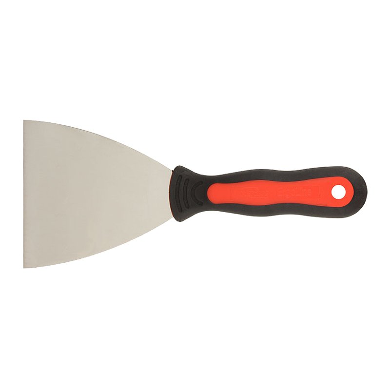 Flat metal trowel with an orange-and-black ergonomic handle