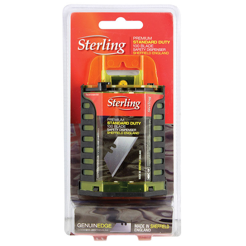 Sterling blade safety dispenser, standard duty, 100 blades, in red and black packaging.