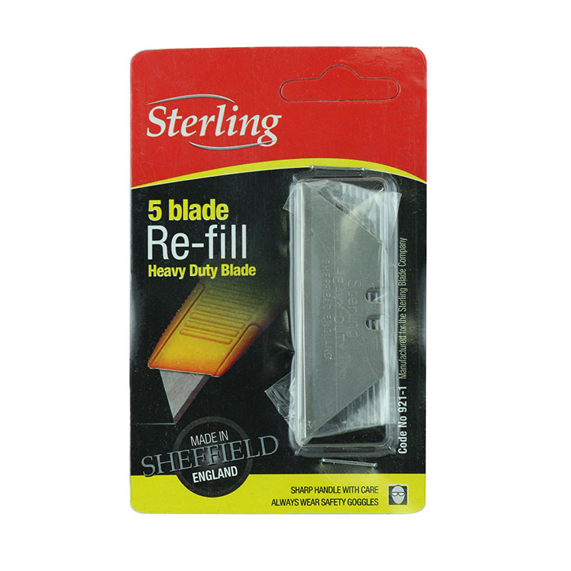 Sterling 5-blade heavy-duty razor blade refill packaging with the metal blade visible inside the plastic case.
