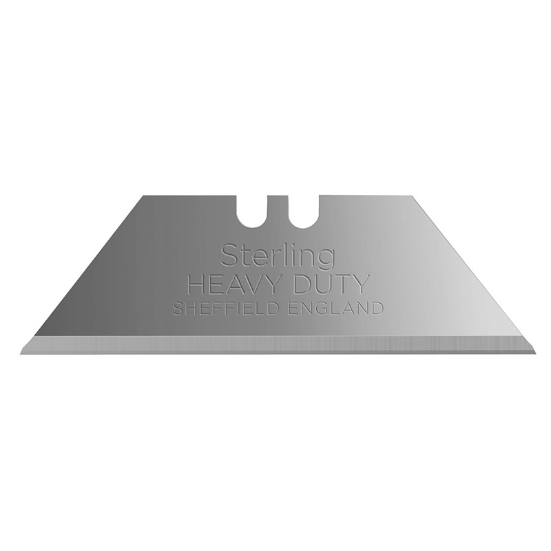 Double-edged razor blade with engraved text: Sterling Heavy Duty, Sheffield England (silver/gray).