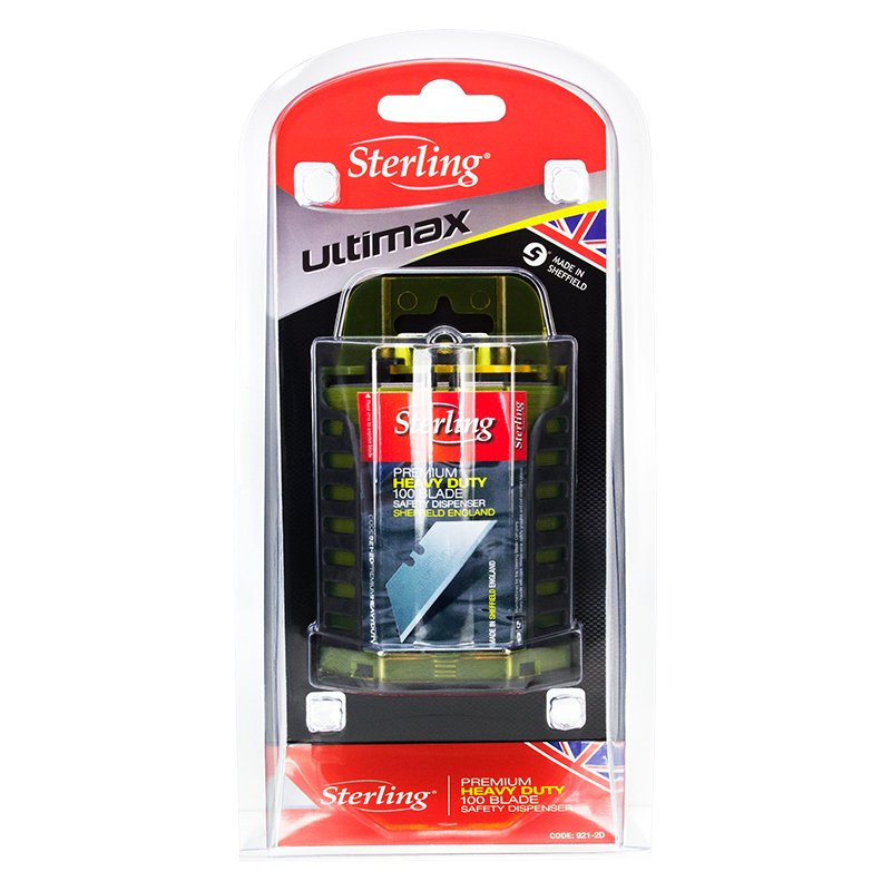 Sterling Ultimax heavy-duty safety blade dispenser in red and black packaging on a clear plastic blister pack.