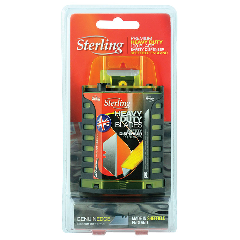 Sterling heavy-duty blade safety dispenser in a blister-pack package (100 blades) shown in orange and black packaging.