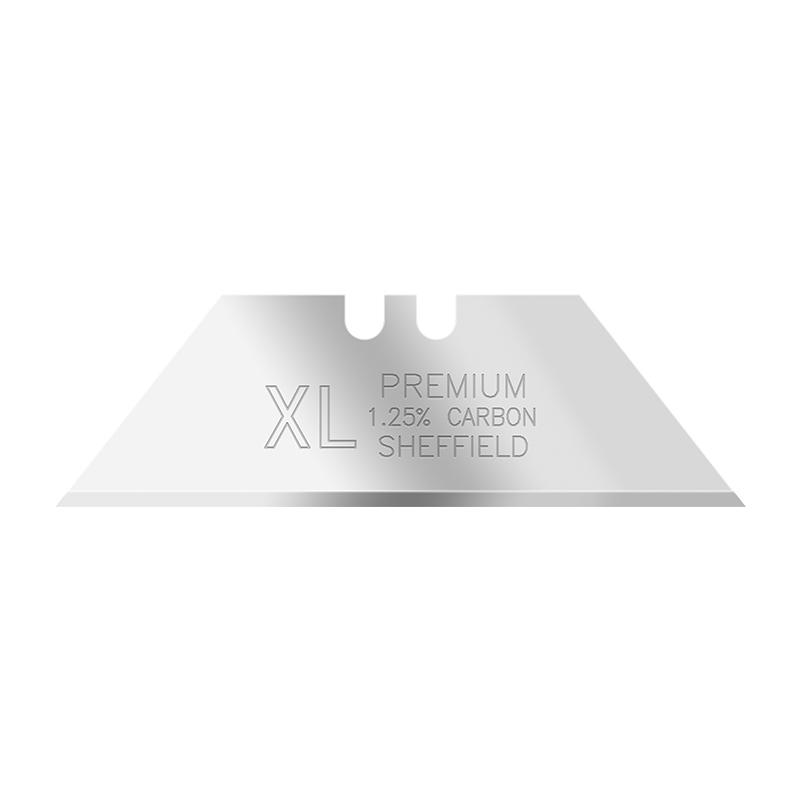 Flat, trapezoid-shaped metal card with two notches and the text 'XL Premium 1.25% Carbon Sheffield' engraved, indicating a premium carbon steel blade motif.