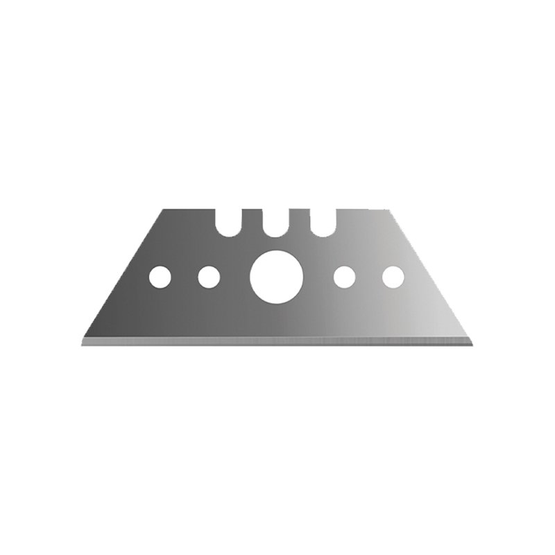 Metal razor blade lying flat on a white background, showing a central circular cutout and small holes along the blade edge.