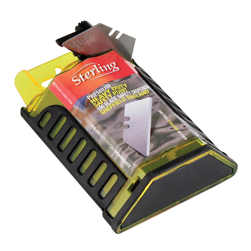 Sterling heavy-duty utility knife with yellow casing and a protruding metal blade, angled for cutting safety use