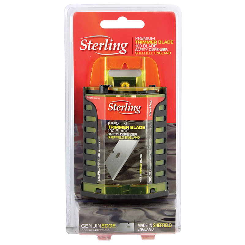 Sterling Premium Trimmer Blade packaging with 100 blades on display, in red and black box by Sheffield England