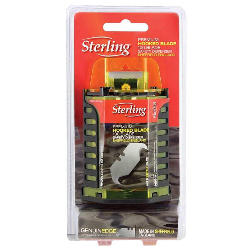 Packaging for Sterling Premium Hooked Blade safety dispenser containing 100 blades in a red and clear clamshell