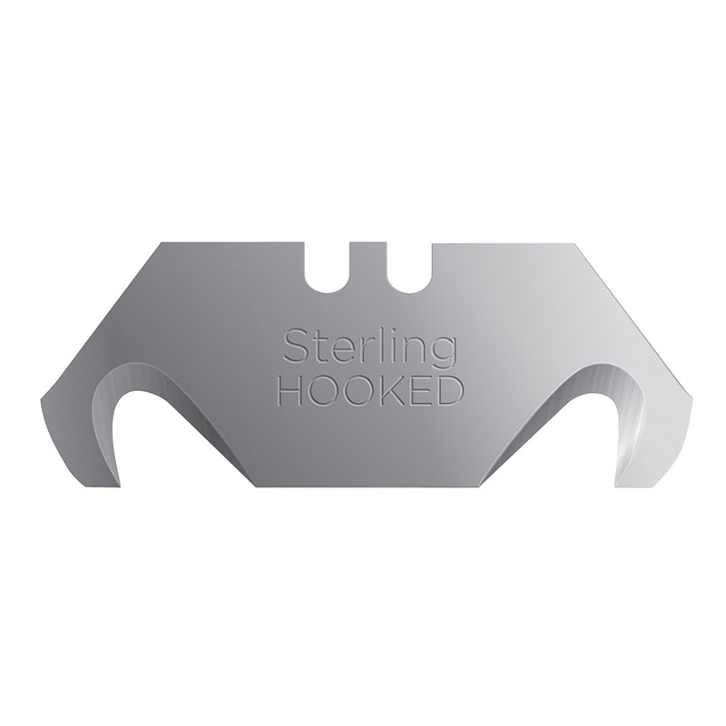 Metal handheld tool with two central notches and curved side pockets, engraved with the text 'Sterling HOOKED' on its flat surface.