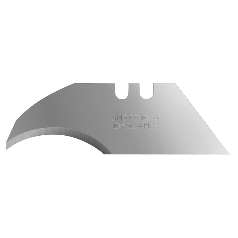 Metal razor blade fragment with a curved edge and two notches, engraved 'SHEFFIELD ENGLAND' on the surface.
