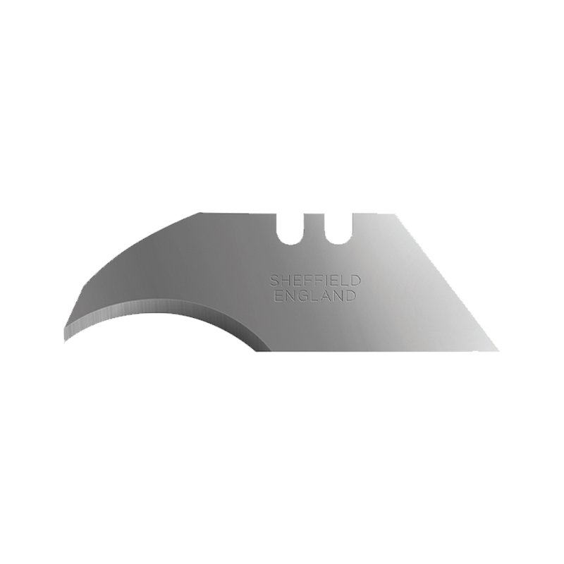 Silver razor/utility blade with curved edge and two notches, stamped 'SHEFFIELD ENGLAND'.