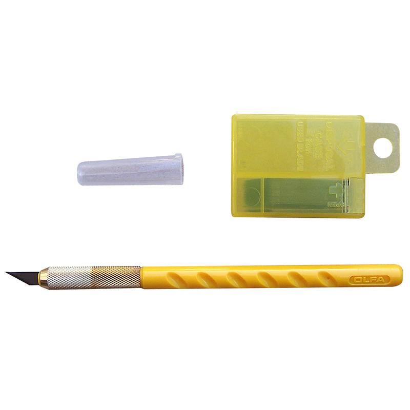 Yellow-handled precision hobby knife with a sharp fixed blade and spare blade in a yellow plastic case with cap.