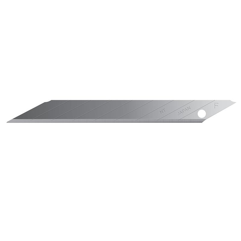 Double-edged razor blade with diagonal grooves and a hole near the handle, NT Japan stamped on it.