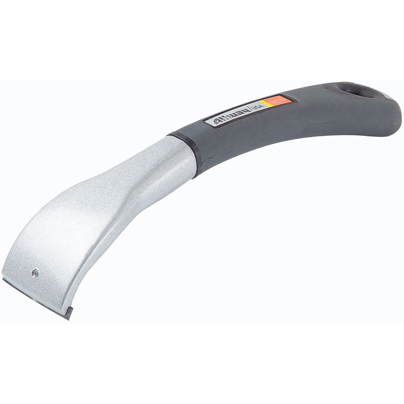 Ergonomic handheld scraper with a curved silver blade and black grip handle.