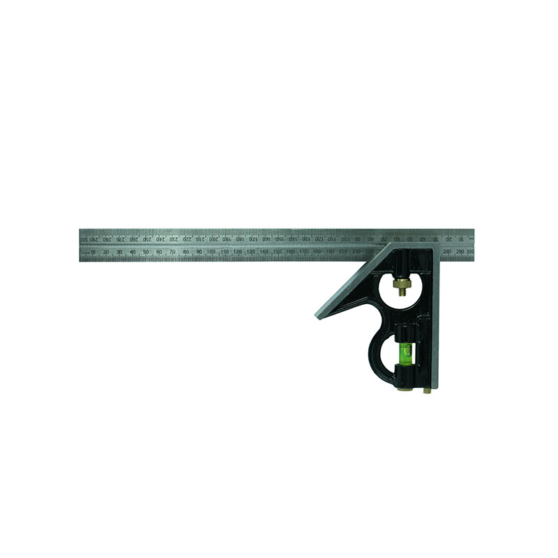 Combination square with a long metal ruler extending from a black frame, includes a bubble level for precision.