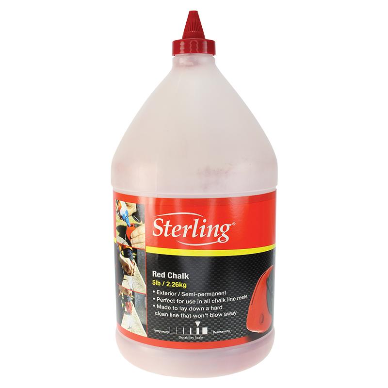 White gallon bottle of Sterling Red Chalk with red label; 5 lb (2.26 kg) for chalk lines used in marking surfaces.
