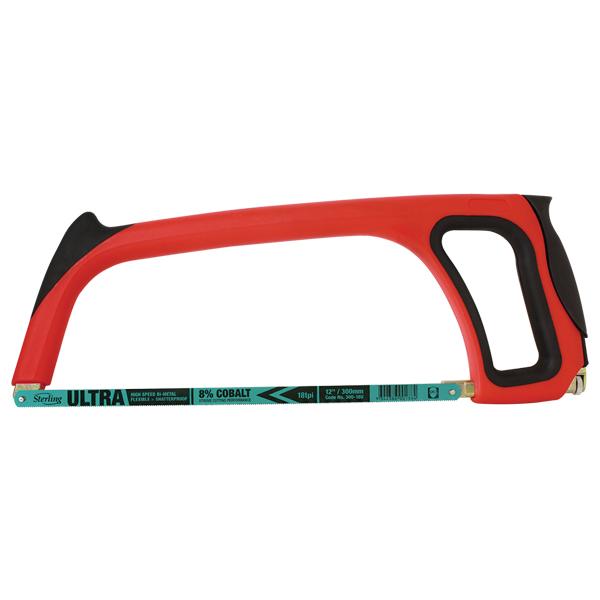 Red handheld hacksaw with an ergonomic grip and a blue cobalt blade extending to the left, ready for cutting metal or plastic.