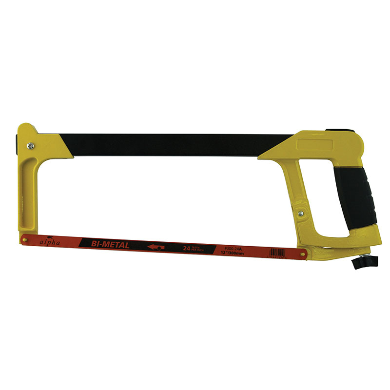 Yellow-frame hacksaw with black blade for cutting metal; shows pistol-grip handle on right side and a replacement blade labeled BI-METAL (12"/300mm).