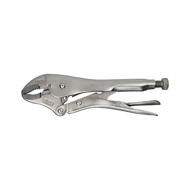 Silver locking pliers (vise-grips) with adjustable screw on the handle for tightening grip.