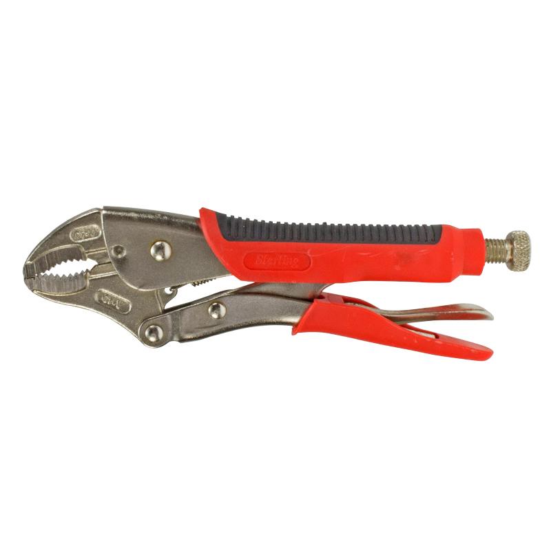 Locking pliers (vise-grip) with red plastic-coated handles and an adjustable screw on the end for jaw tension control.