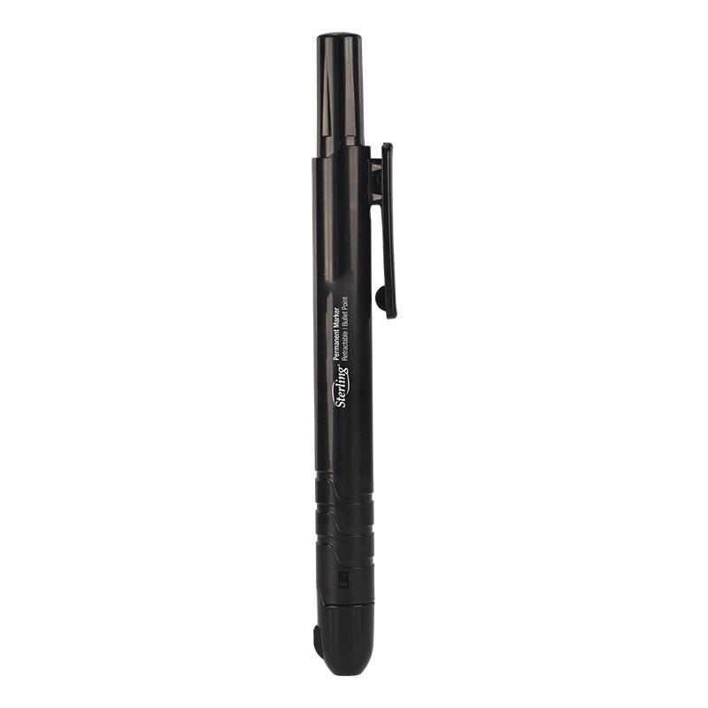 Black Sharpie permanent marker with cap, clip, and retractable tip used for labeling