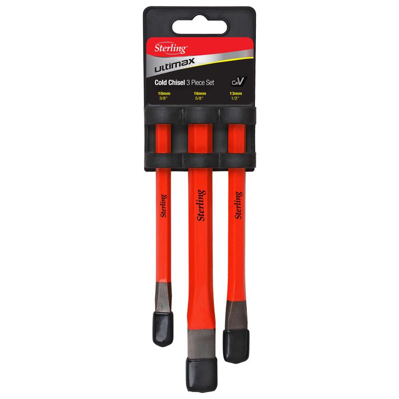 Sterling Ultralmax 3-piece cold chisel set with orange handles in a black hanging pack (sizes 10mm, 16mm, 13mm).