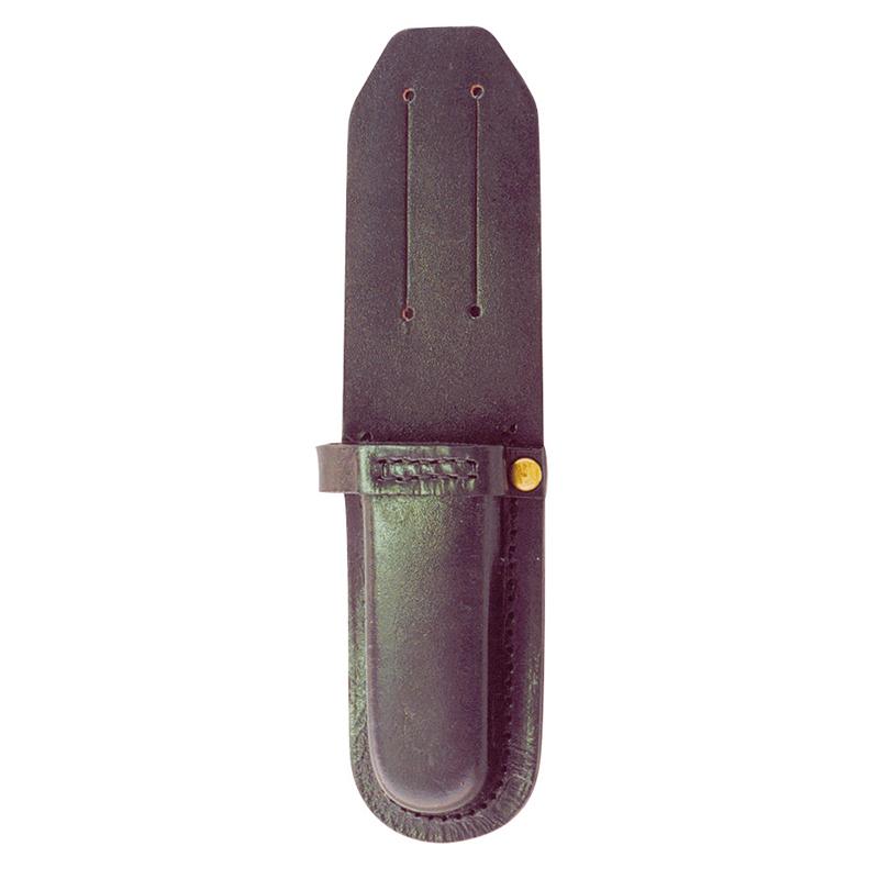 Black leather knife sheath with belt strap and a handle visible at the bottom edge