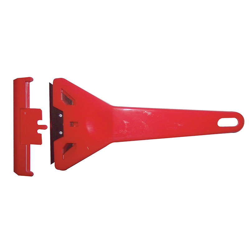 Red handheld scraper with a long handle and a small detachable blade, used for scraping surfaces like paint or adhesive.
