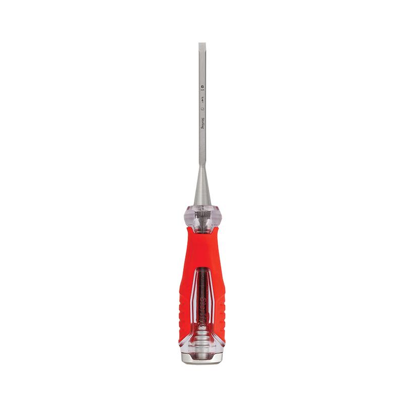 Slotted screwdriver with a red ergonomic handle and a long steel blade, shown upright.