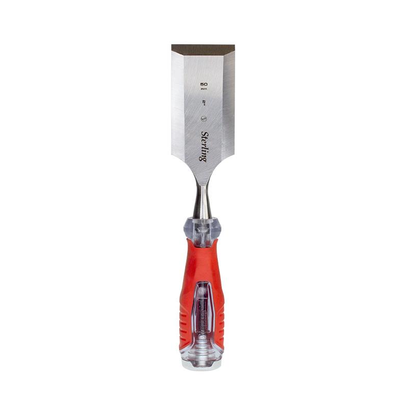 Red-handled putty knife with a wide metal blade for applying plaster and filling gaps in walls.