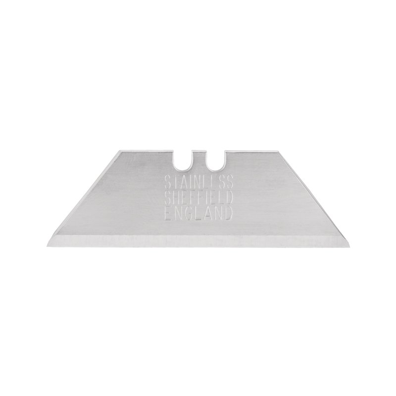 Stainless steel razor blade with two holes and stamped 'STAINLESS SHEFFIELD ENGLAND'