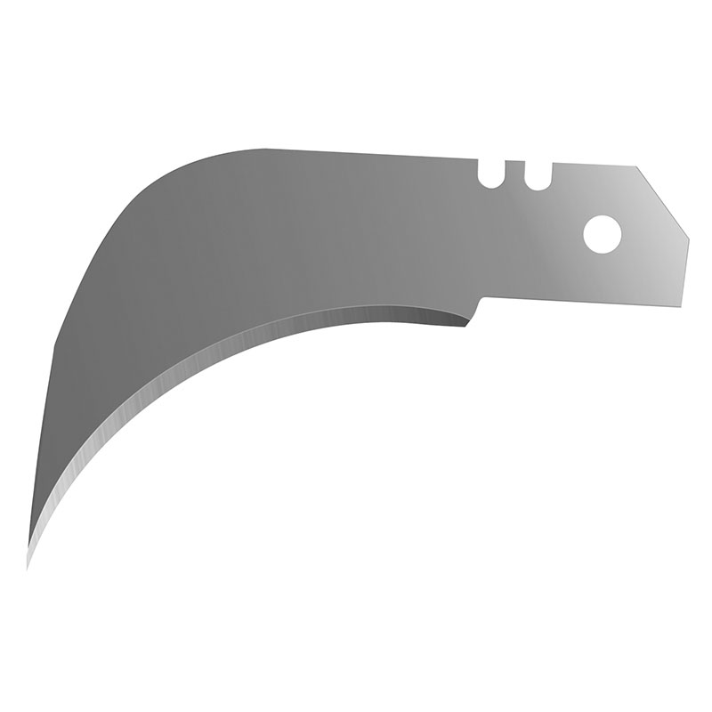 Curved metal blade with a round mounting hole and two small notches near the top edge, likely part of a scraper or cutter tool.