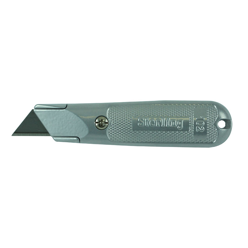 Silver box cutter with a retractable blade extended from a metal handle for cutting cardboard or tape