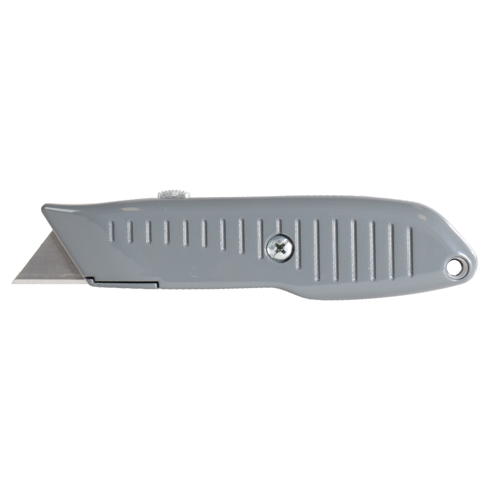 Grey retractable utility knife with blade extended slightly, showing a screw and grip ridges