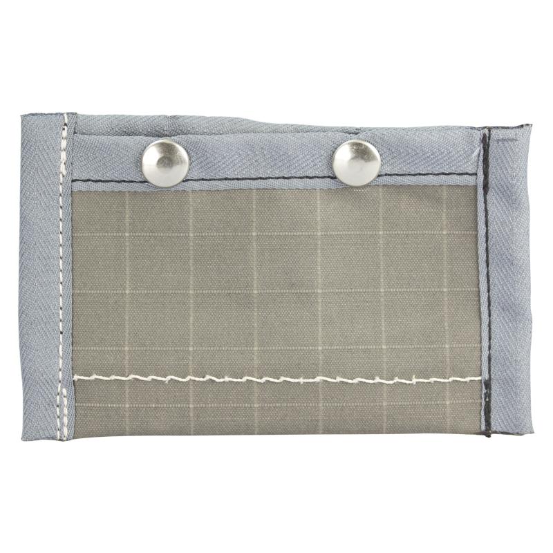 Gray fabric wallet with two metal snaps and a beige grid-pattern panel on the front side.