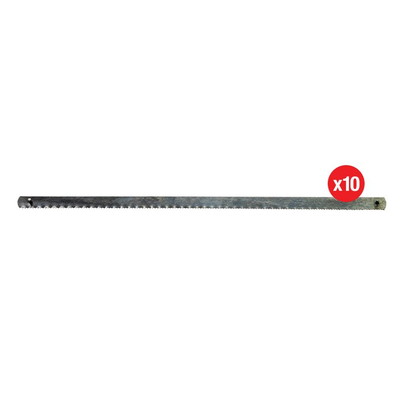 Hacksaw blade laid horizontally on a white background with a red circle labeled 'x10' at the right end.