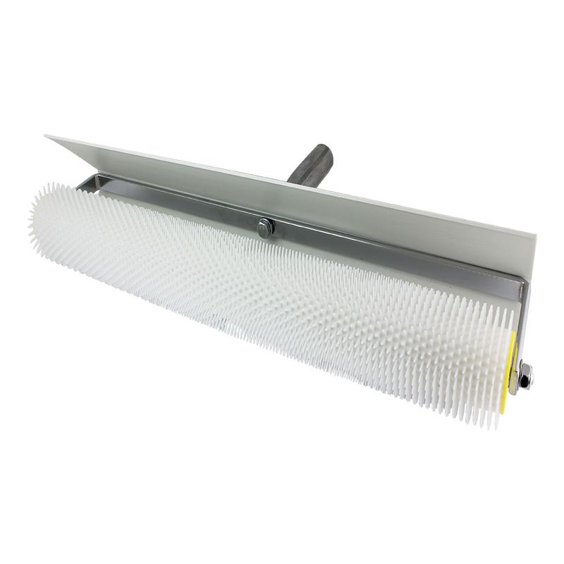 Long metal frame with a dense white bristle roller and a mounting screw, used for scrubbing surfaces.
