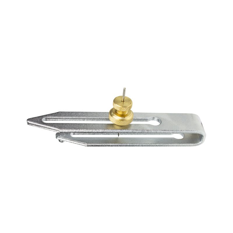 Small silver metal spring clamp with a knurled brass screw on top.