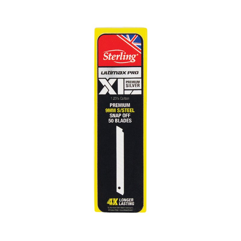 Sterling Ultimax Pro XTi blade packaging, yellow border with red Sterling logo and 9mm snap-off blades text