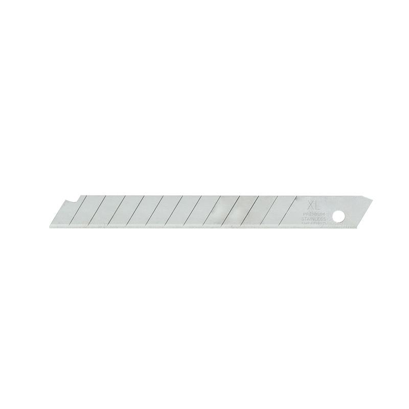 Long stainless steel utility blade with diagonal grooves and a circular hole at one end.