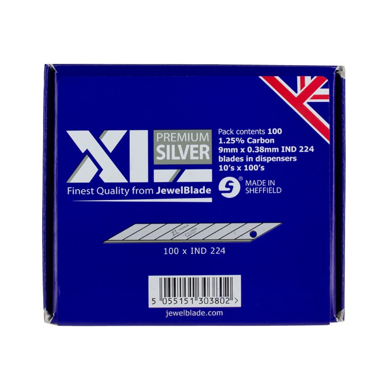 Blue box of XI Premium Silver JewelBlade blades, specifies 100 blades in dispenser, with barcode and UK flag graphic on the corner.