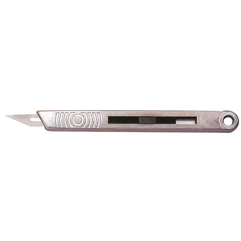 Metal craft knife with retractable blade and side slider for extension (hollow oval end for hanging).