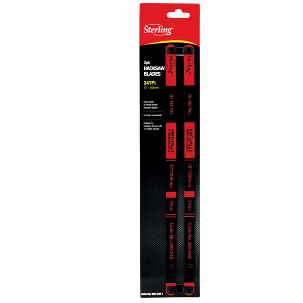 Two-pack Sterling hacksaw blades on red-and-black packaging, 24 TPI, 12" length.