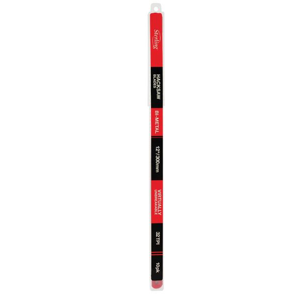 Vertical strip package labeled 'HACKSAW BLADES' with red/black sections showing '12"/300mm' and 'VIRTUALLY UNBREAKABLE'