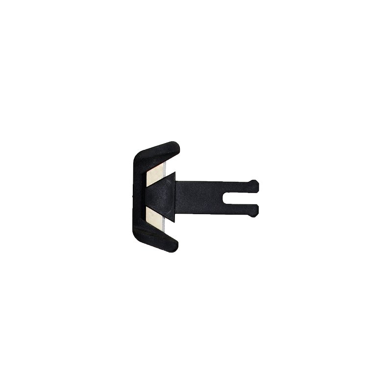 Black plastic mounting clip with a forked, U-shaped end designed to secure a cable or strap.