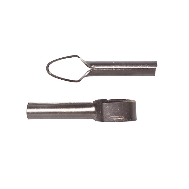 Two small metal tool parts laid on white background: a slender rod with a U-shaped loop at one end and a rectangular notch along its length, and a second piece with a short cylindrical head.”,