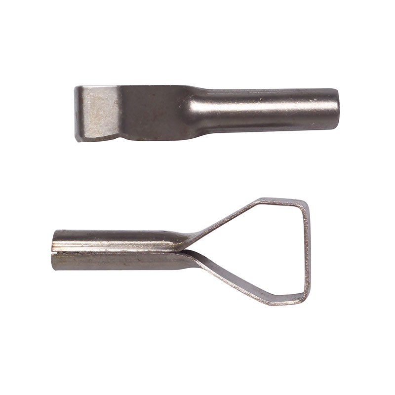 Two small metal workshop bits: a straight cylindrical rod with a flat chisel end and a separate U‑shaped fork attachment.