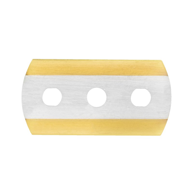 Gold-edged metal strip with a central silver band and three round holes, viewed head-on.