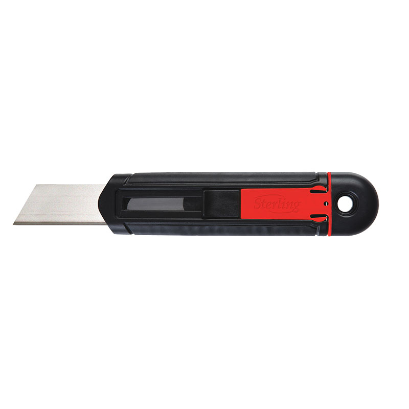Retractable utility knife with a silver blade extended from a black and red handle